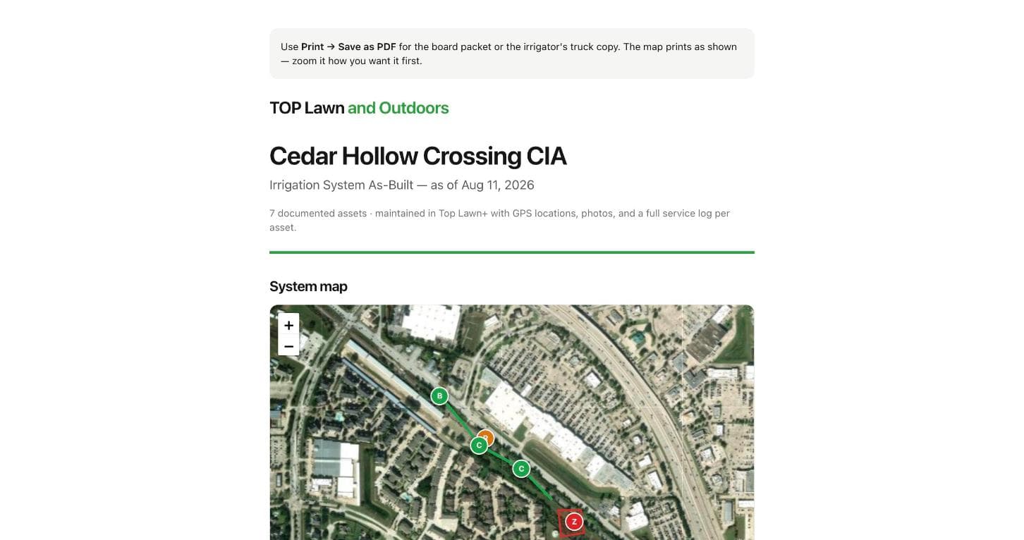 Top Lawn+ irrigation mapping, As-built: One click prints the irrigation as-built, for the board packet or the irrigator's truck copy.