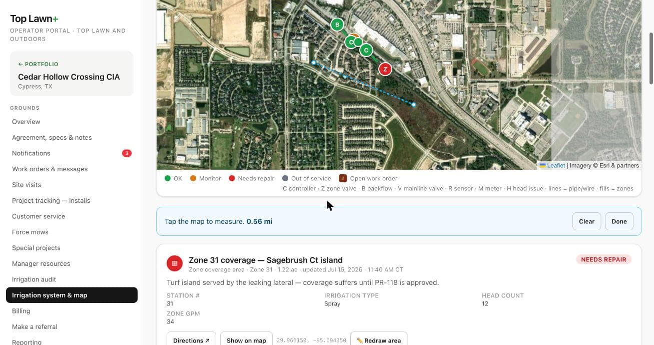 Top Lawn+ irrigation mapping, Measure: Pipe runs and distances measured by tapping the map.