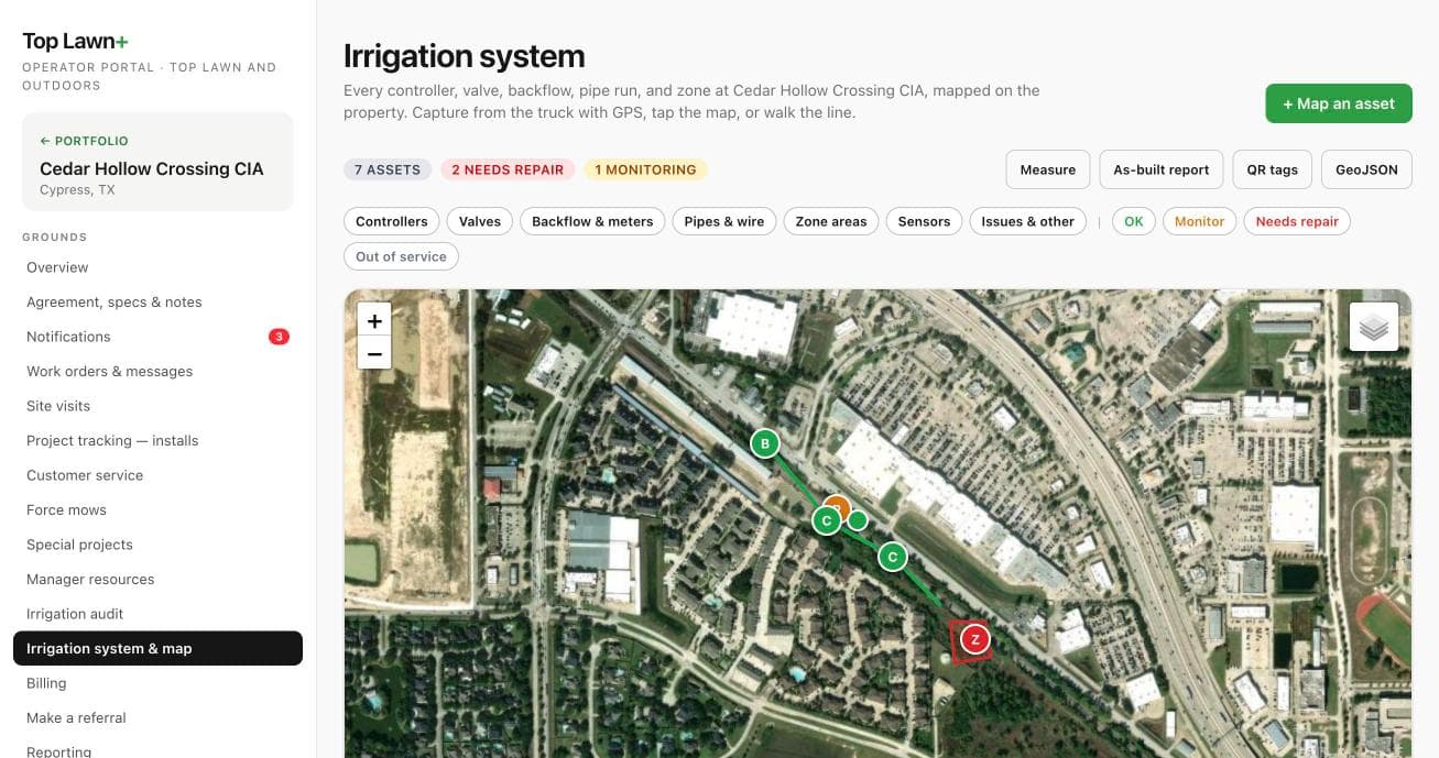 Top Lawn+ operator portal: the irrigation system map for a Cypress, Texas property, with controllers, valves, and zones pinned.