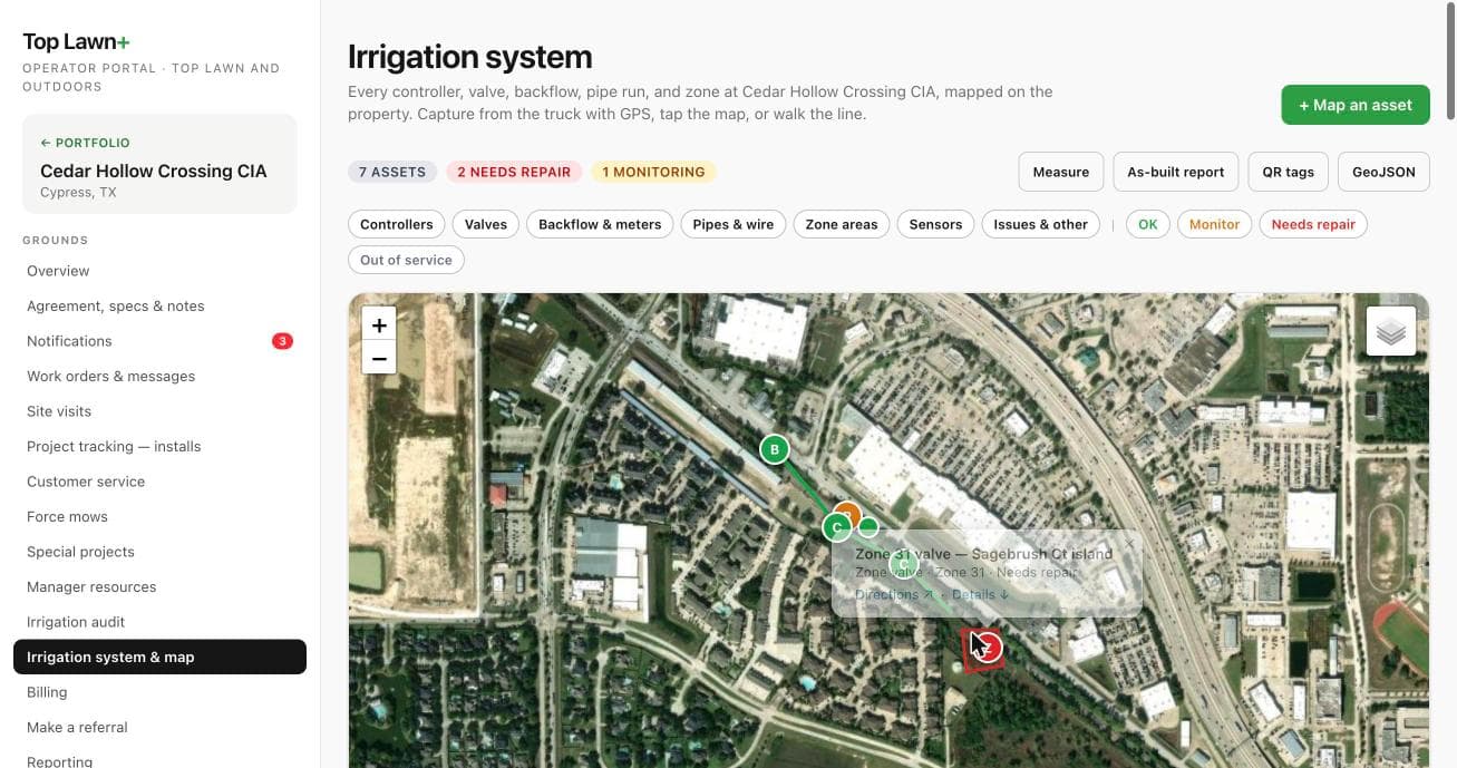 Top Lawn+ irrigation mapping, Asset: Tap an asset for its status and specs, or directions to the exact spot on the property.
