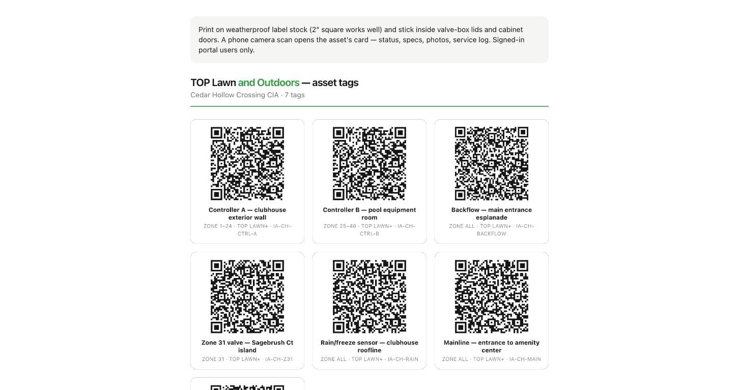 Top Lawn+ irrigation mapping, QR tags: QR tags stick inside valve-box lids; a phone scan opens the asset's card for signed-in users.