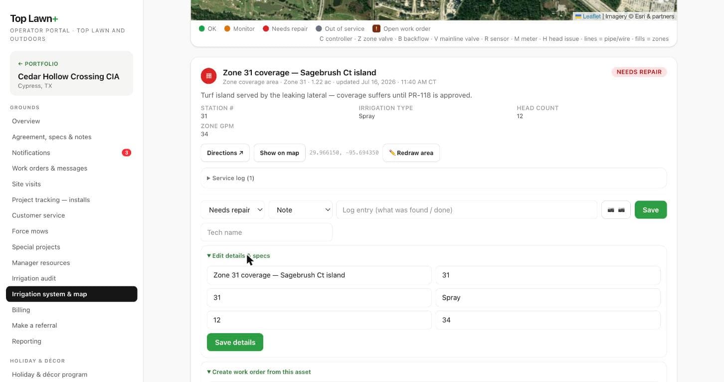 Top Lawn+ asset spec record, editable in the field.